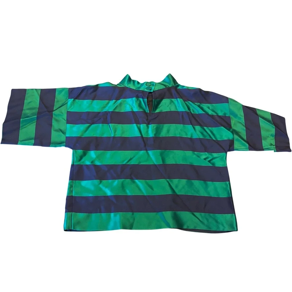 Agnes B Paris | Size 2 | Green Navy Blue Striped | Mock Neck Blouse Boxy Top - Picture 8 of 11